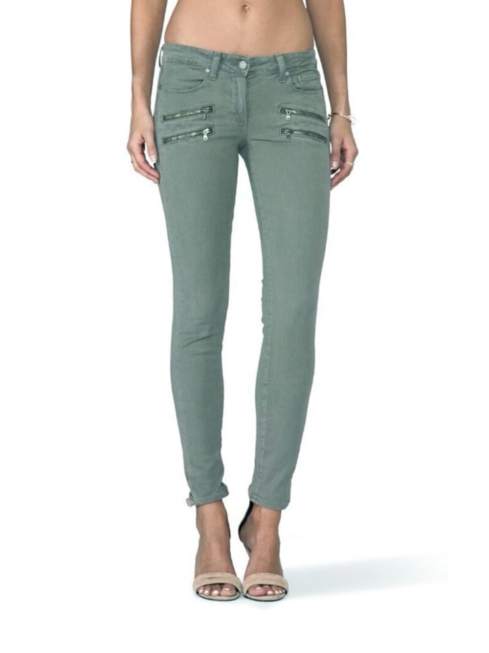 PAIGE Sage Green Skinny Jeans with Front Zip Details